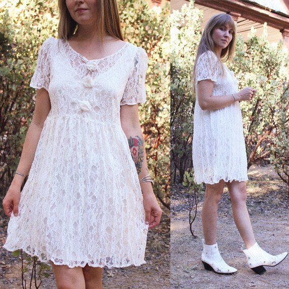Vintage 1990s Basics White Lace Mini Dress with Sl
