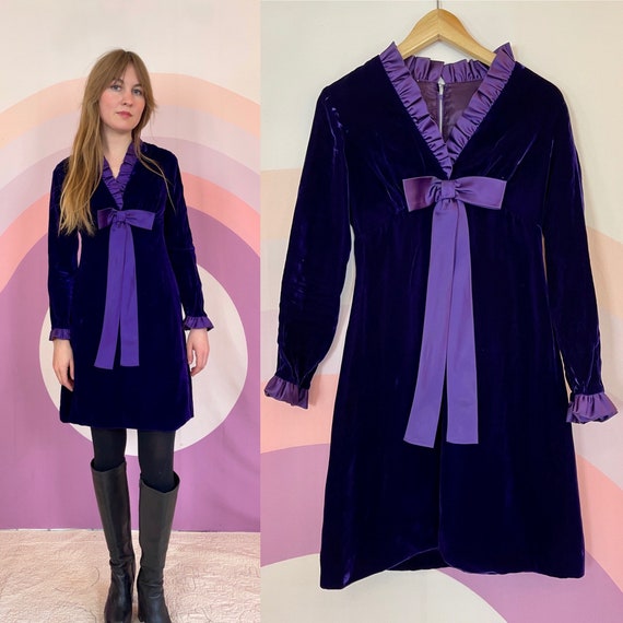 1960s Luxurious Soft Purple Velvet Dress Long Slee
