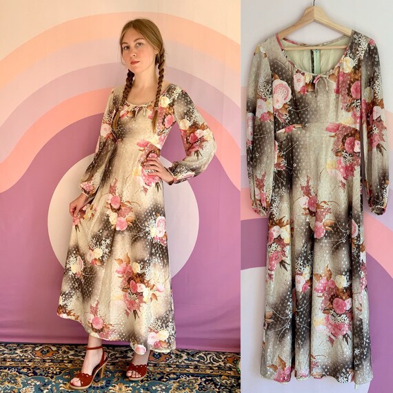 Vintage 1970s Nadine Cherry Blossom Sparkle Dress