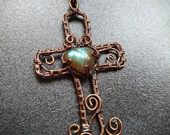 Labradorite Heart Copper Wire Wrapped Cross Pendant Necklace