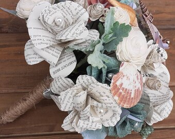 Beach Theme Wedding Bouquet, Bridal Bouquet w/ Sea Shells, Book Flower Bouquet, Sola Wood Wedding Bouquet, Beach Theme Wedding