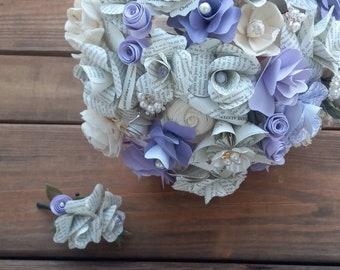 Brides Bouquet and Boutonniere with Book and Sola Wood Flowers accented w/ Pearl Brooches and Lavender Flowers, Wedding Day Paper Bouquet