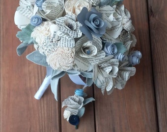 Book Page and Sola Wood Bridal Bouquet accent with Silver Brooches, Navy and Soft Blue, Book Page Brides Bouquet and Grooms Boutonniere