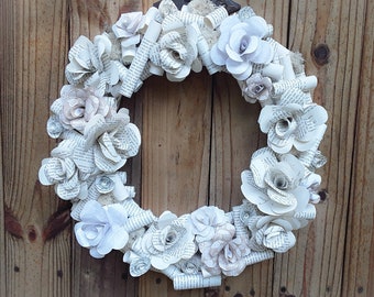 Book Page Wreath: Neutral Paper Flower Roses, Literary Decor