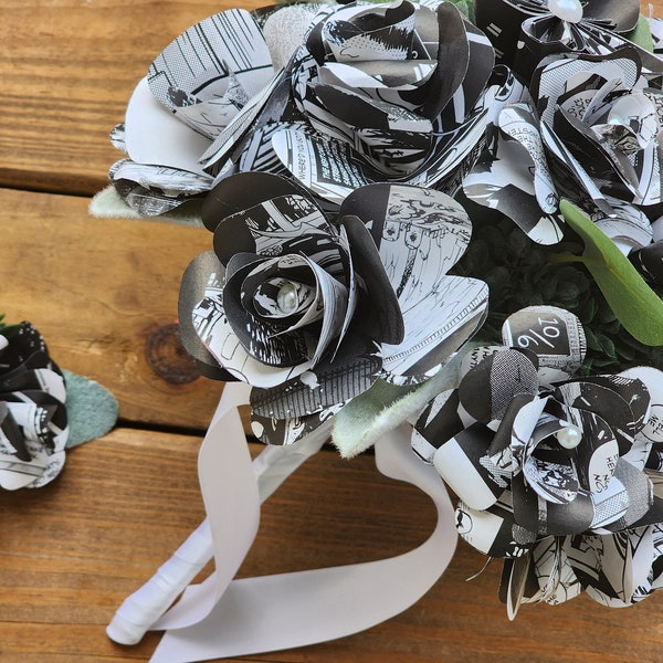 Black and White Comic Book Bouquet and Boutonniere, Comic Book Bride, Bridal Bouquet, Grooms Boutonniere, Comic Book Theme Wedding
