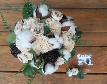 Sola Wood Bridal Bouquet w/ Matching Boutonniere, Cotton and Wood Flower Brides Bouquet, Rustic Wedding Bouquet, Country Wedding Theme