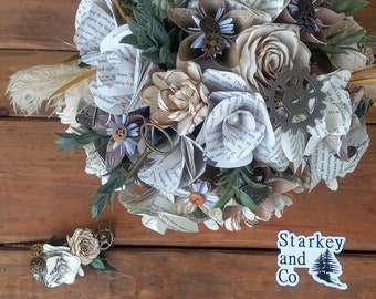 Sola Wood and Book Flower Bridal Bouquet w/ Matching Boutonniere, Steampunk Theme Wedding, Wood Flower Bouquet, Gothic Bride and Groom