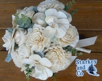 Sola Wood Bridal Bouquet w/ Matching Boutonniere, Classic Ivory Brides Bouquet, Wooden Flower Wedding Bouquet, Keepsake Bouquet