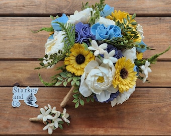 Sola Wood Bridal Bouquet w/ Matching Boutonniere, Yellow Sunflower and Blue Brides Bouquet, Wooden Flower Wedding Bouquet, Keepsake Bouquet