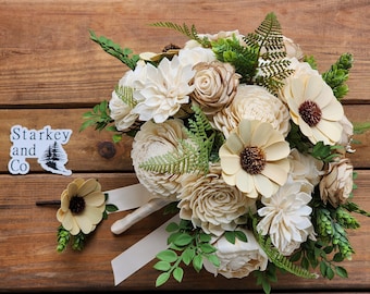 Sola Wood Bridal Bouquet w/ Matching Boutonniere, Classic Ivory Brides Bouquet, Wooden Flower Wedding Bouquet, Keepsake Bouquet