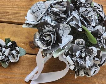 Comic Book Paper Flower Bouquet & Boutonniere: Black and White Wedding