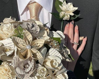 Book Page and Sola Wood Bridal Bouquet accented with Brooches, Paper Wedding Bouquet, Literary Theme Wedding, Paper Flower Bouquet