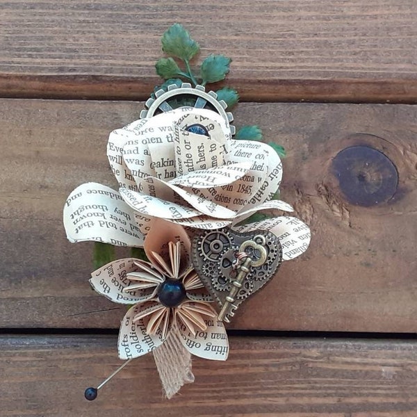 Steampunk Boutonniere, Steampunk Buttonhole for Wedding, Book Rose Boutonniere, Groom and Groomsmen Boutonnieres, Book Page Boutonniere