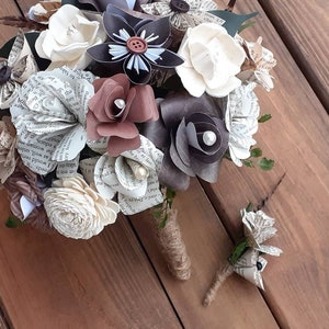 Rustic Bridal Bouquet and Boutonniere, Book Page Bouquet, Book Flower Wedding Bouquet, Nontraditional Bridal Bouquet, Fall Wedding Bouquet