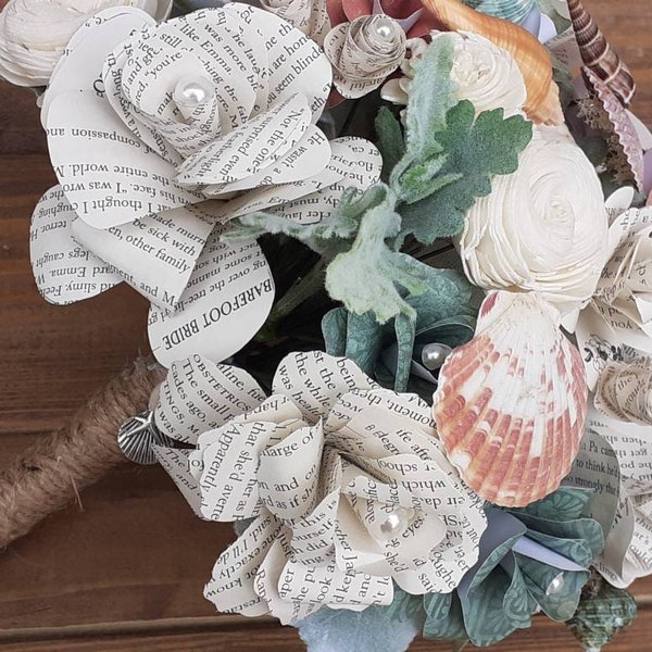 Beach Theme Wedding Bouquet, Bridal Bouquet w/ Sea Shells, Book Flower Bouquet, Sola Wood Wedding Bouquet, Beach Theme Wedding