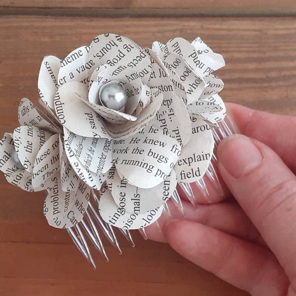 Book Rose Hair Comb, Wedding, Prom, Homecoming Hair Accessories, Bridal Hair Comb, Flower Hair Comb, Bookish Wedding, Paper Flowers