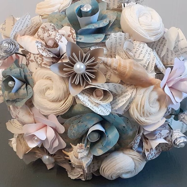 Beach Theme Brides Bouquet and matching Boutonniere, Seashell Bridal Bouquet, Summer Wedding, Sola Wood and Book Bouquet for Beach Wedding