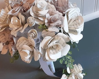 Fantasy Book Page Bridal Bouquet w/ Boutonniere Set, Owl & Star Paper Flower Bouquet, Wizard Theme Literary Wedding, Handcrafted Book Flower