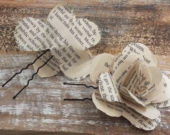 Book Page Flower Hair Pins: Literary Wedding Hair Accessories (Set of 5)