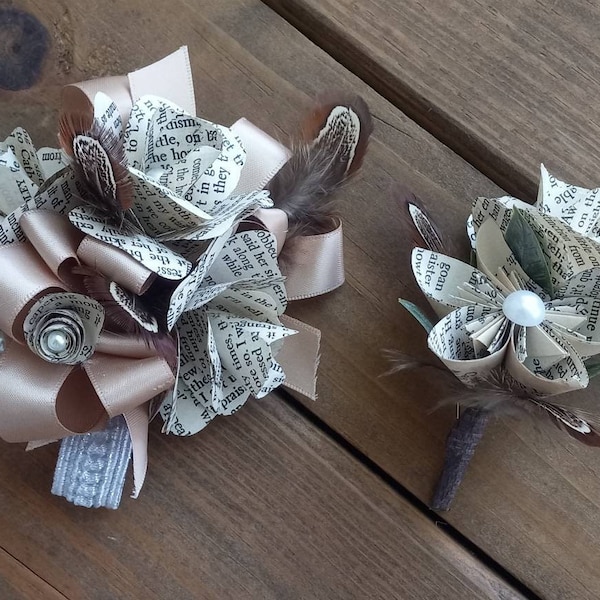Book Flower and Feather Wrist Corsage and Boutonniere for Wedding, Prom, Homecoming, Paper Flower Corsage, Book Page and Feather Boutonniere