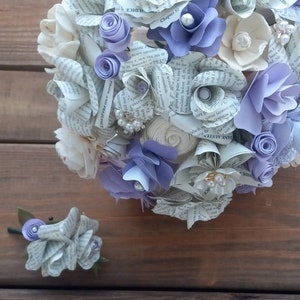 Brides Bouquet and Boutonniere with Book and Sola Wood Flowers accented w/ Pearl Brooches and Lavender Flowers, Wedding Day Paper Bouquet