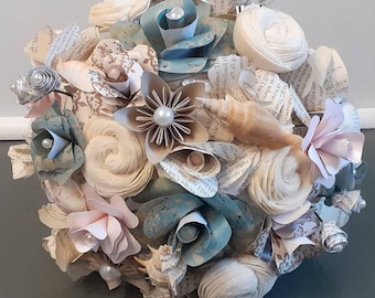 Beach Theme Brides Bouquet and matching Boutonniere, Seashell Bridal Bouquet, Summer Wedding, Sola Wood and Book Bouquet for Beach Wedding