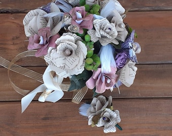 Book Bouquet and Boutonniere for a Medieval or Renaissance Wedding, Paper Flower Brides Bouquet, Shakespeare Romeo and Juliet Wedding