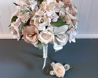 Book Page and Sola Wood Bridal Bouquet accented with Brooches, Wedding Bouquet, Literary Theme Wedding, Paper Flower Bouquet