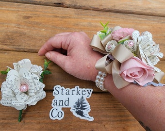 Wrist Corsage and Boutonniere, Wood Flower and Book Page Wrist Corsage, Wedding Corsage and Boutonniere, Prom Corage, Pearl Bracelet Corsage