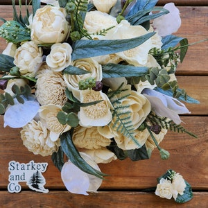 Winterhochzeitsstrauß mit passender Boutonniere, Andenken Hochzeitsblumen, Sola-Holzblumen, Brautstrauß, Bräutigam Boutonniere