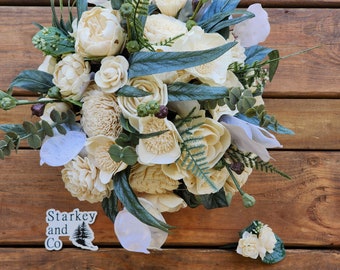 Sola Wood Bridal Bouquet w/ Matching Boutonniere, Winter Wedding, Ivory Brides Bouquet, Wooden Flower Wedding Bouquet, Keepsake Bouquet