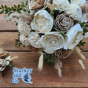 Boho Wedding Bouquet with Boutonniere: Ivory Sola Wood Flowers
