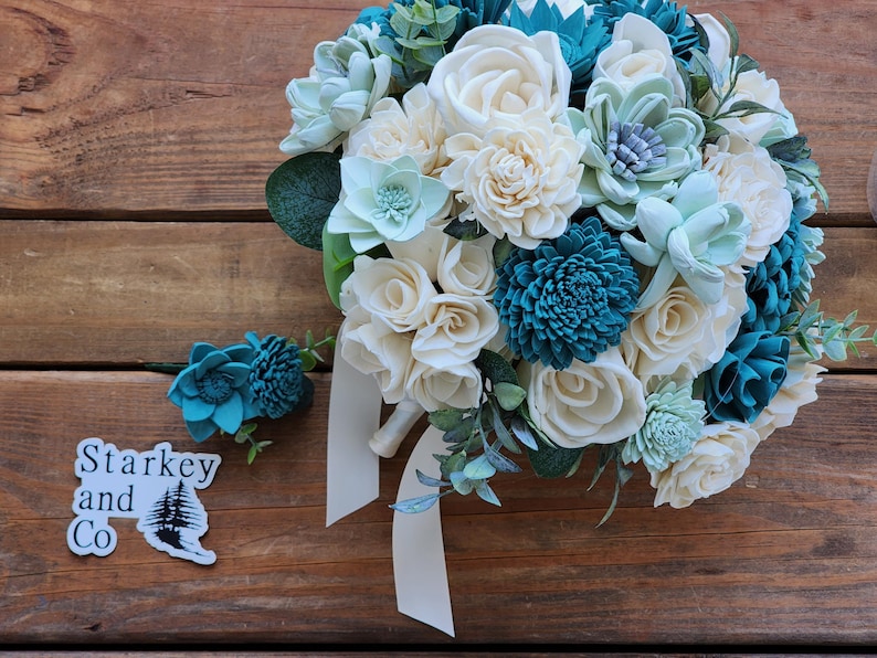 Ivory & Teal Sola Wood Flower Wedding Bouquet With Boutonniere. Sola ...