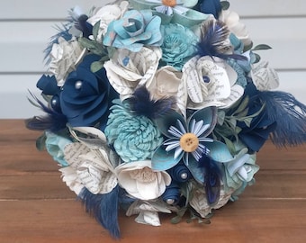 Rustic Style Bride Bouquet and Boutonniere in Blues, Book Page Bouquet w/ Feathers, Book Flower Wedding Bouquet, Nontraditional Bouquet