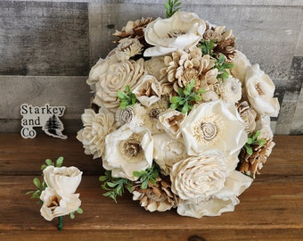 Wood Flower Bridal Bouquet w/ Matching Boutonniere, Classic Ivory Brides Bouquet, Country or Rustic Wedding Bride Bouquet , Keepsake Bouquet