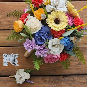 Storybook-Hochzeitsstrauß mit passender Boutonniere, Andenken-Hochzeitsblumen, Sola-Holzblumen und Buchseiten-Rosen, Brautstrauß