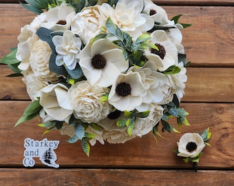 Sola Wood Bridal Bouquet w/ Matching Boutonniere, Classic Ivory Brides Bouquet, Wooden Flower Wedding Bouquet, Keepsake Bouquet