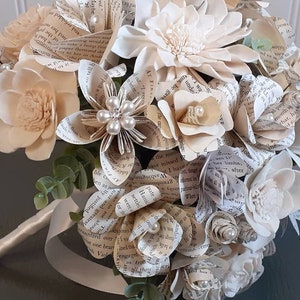 Brides Bouquet w/ Wood Flowers and Book Pages, Book Flower Wedding Bouquet, Sola Wood Bouquet, Bookish Bride, Literary Theme Wedding