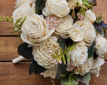 Sola Wood Bridal Bouquet w/ Matching Boutonniere, Classic Ivory Brides Bouquet, Wooden Flower Wedding Bouquet, Keepsake Bouquet