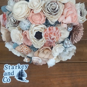 Beach Wedding Bouquet: Pink Peach Sola Wood Flowers & Seashells