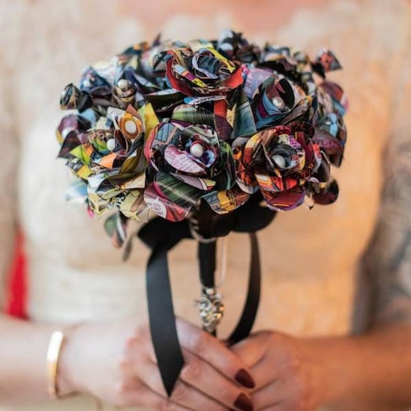 Comic Book Bouquet and Boutonniere, Superhero Themed Wedding, Comic Book Bride, Bridal Bouquet, Grooms Boutonniere, Comic Book Theme Wedding