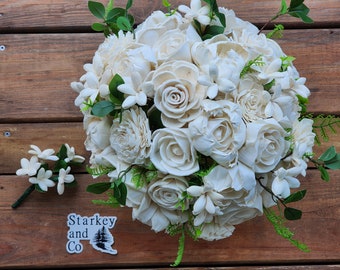 Sola Wood Bridal Bouquet w/ Matching Boutonniere, Classic Ivory Brides Bouquet, Wooden Flower Wedding Bouquet, Keepsake Bouquet