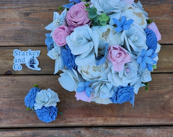 Book Page and Sola Wood Flower Brides Bouquet in Pinks, Dusty Blue and Ivory, Wedding Bouquet and Boutonniere, Book Theme Wedding Flowers