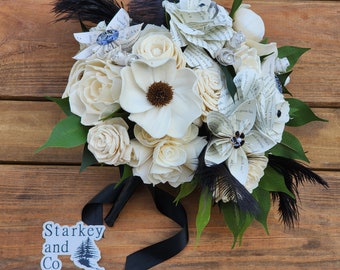 Brides Bouquet in Black and White, Sola Wood and Book Flower Bouquet, Book Theme Wedding, Keepsake Bouquet, Wooden Flower Wedding Bouquet