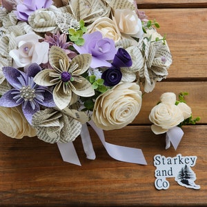 Brides Bouquet w/ Wood Flowers and Book Pages in Purples, Paper Flower Wedding Bouquet, Wood Bouquet, Bookish Bride, Literary Theme Wedding