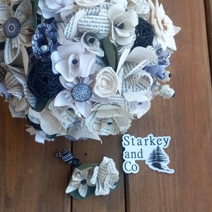 Book Page and Sola Wood Flower Brides Bouquet in Black and White, READY TO SHIP Wedding Bouquet and Boutonniere, Book Theme Wedding Flowers