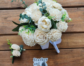 Sola Wood Bridal Bouquet w/ Matching Boutonniere, Classic Ivory Brides Bouquet, Wooden Flower Wedding Bouquet, Keepsake Bouquet