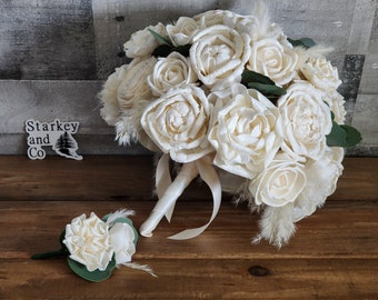 Wood Flower Bridal Bouquet w/ Matching Boutonniere, Classic Wood Flower Brides Bouquet, Rustic Wedding Bouquet, Country Wedding Theme