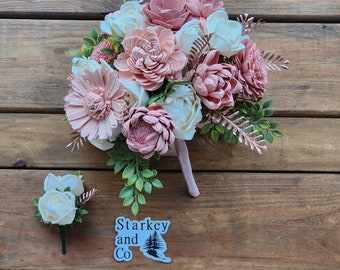 Sola Wood Bridal Bouquet w/ Matching Boutonniere, Classic Pink and Rose Gold Brides Bouquet, Wooden Flower Wedding Bouquet, Keepsake Bouquet