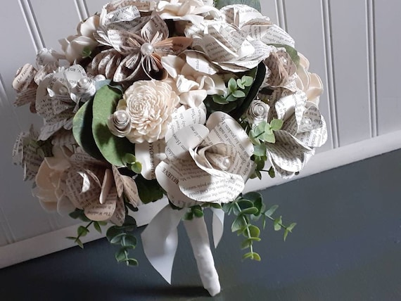 Wedding Book Page Bridal Bouquet, Sola Wood Flowers & Faux Spiral Eucalyptus, Ivory Ribbon Hand Tied Clutch Bouquet, Bookish Wedding